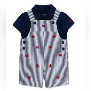 NWT! Seersucker Overalls & Cotton Polo Set - Navy blue Crabs 6 Months - LittleMe